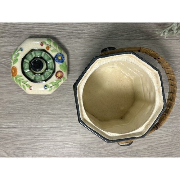 Vintage Porcelain Jar W/ Lid & Wicker Rattan Handle Floral Tea Caddy - Picture 8 of 13